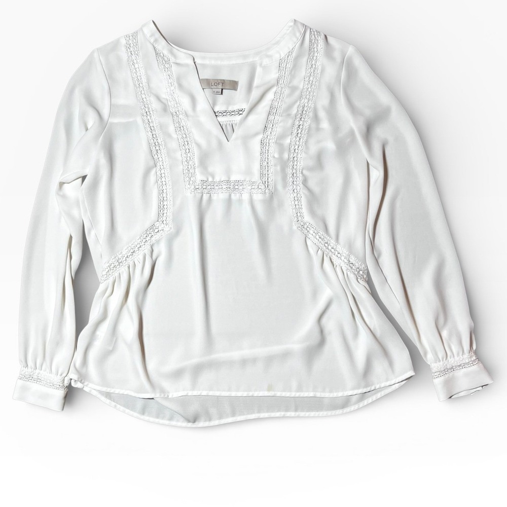 Ann Taylor Loft White Crochet Lace Trim Long Sleeve Blouse Top XS Peasant Flowy